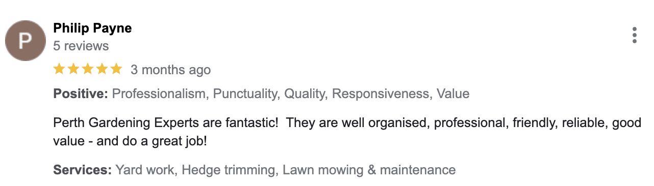google 5 star review perth gardening services