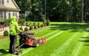 gardener mowing front yard lawn care