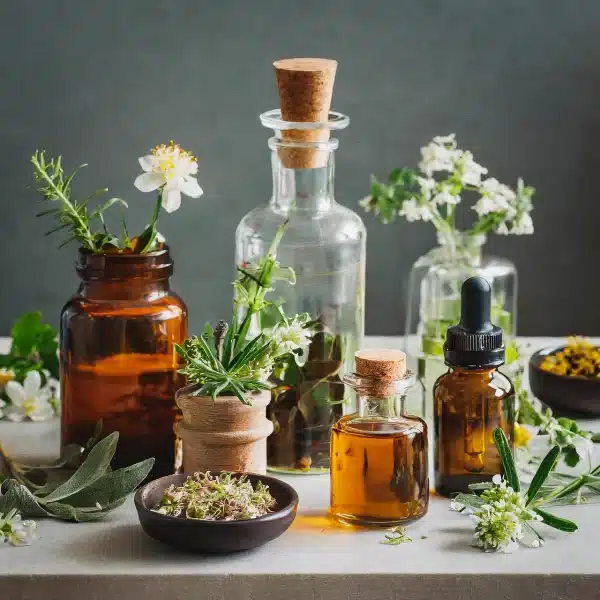 Medicinal herbal plants in bottles as a herbal remedy in the garden